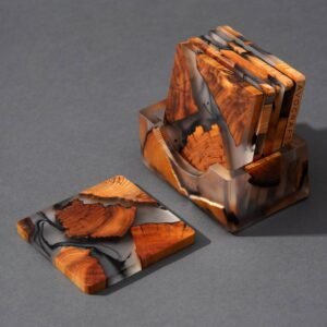 Handcrafted Wood Epoxy Resin Coasters, Full set of 6 with Holder