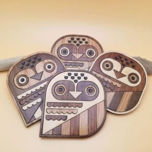 Retro Owls Wooden Coaster Set of 4: Natural Wood Inlay Coasters.